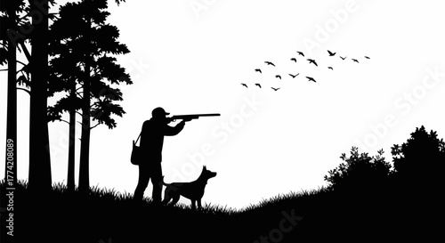 Silhouette of a Hunter Aiming with Dog in a Field.