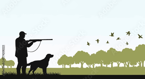 Silhouette of Hunter with Dog Aiming at Birds in Flight.