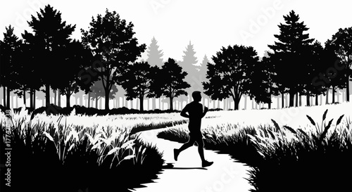 Silhouette of a man jogging on a path for fitness and exercise.