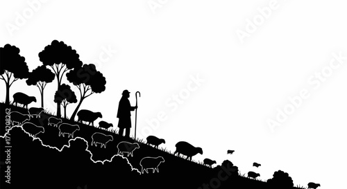 Shepherd guiding flock of sheep on a grassy hill.