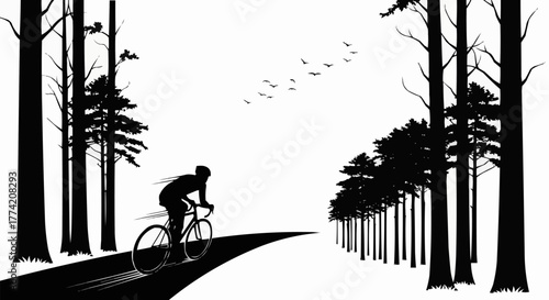 Silhouette of a cyclist on a road surrounded by trees.