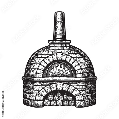 Traditional Brick Wood Fired Pizza Oven Engraving Vector Illustration