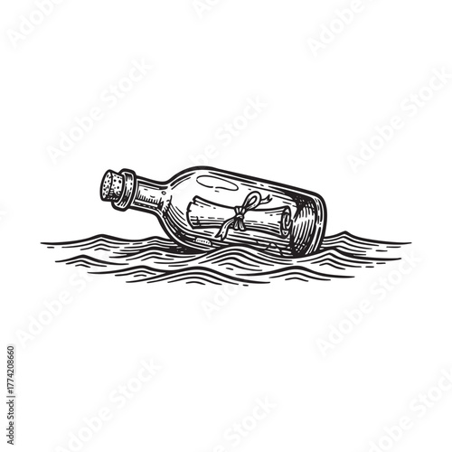 Message in a Bottle Sea Scroll Engraving Vector Illustration