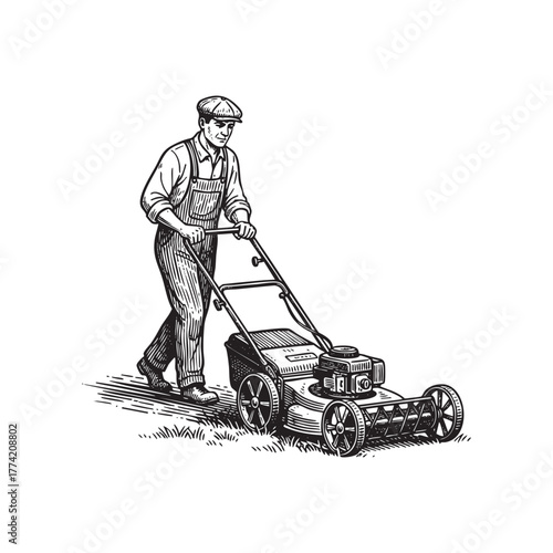 Gardener with Lawn Mower Engraving Vector Illustration