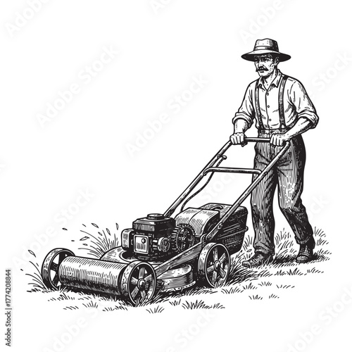 Gardener with Lawn Mower Engraving Vector Illustration