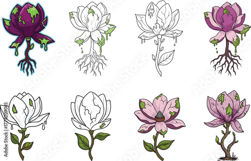 Fantasy toxic flower evolution stages with dripping slime and roots, creepy botanical horror illustration showing mutation process, alien floral vector art design