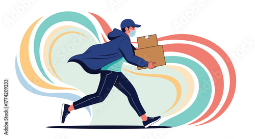 A masked delivery person in a cap and hooded jacket runs with two cardboard boxes, with dynamic colorful lines in the background.