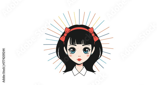 Cute anime girl with big blue eyes, a red headband, and black hair, depicted with a classic style and colorful radiant lines.