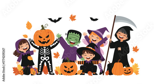 Happy children in Halloween costumes, including a skeleton, Frankenstein, witches, and Grim Reaper, celebrating with pumpkins and autumn leaves.