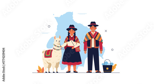 Smiling Bolivian man and woman in traditional clothing stand with a llama, set against a map of Bolivia in a vibrant flat illustration.