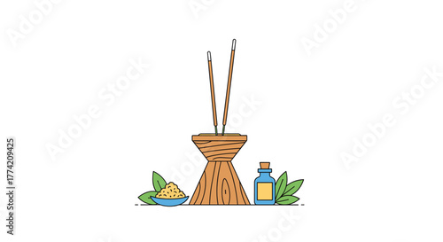 Aromatherapy essentials featuring incense sticks, a bottle of essential oil, and natural herbs for a tranquil ambiance.