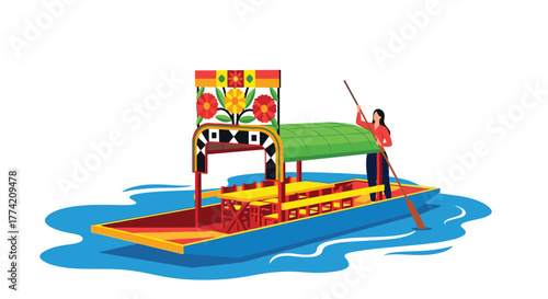 A person is punting a vibrantly decorated tourist boat with a canopy and tables on blue water.