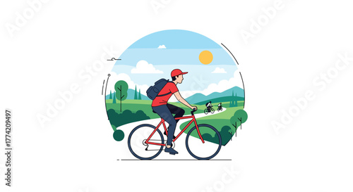 An active cyclist with a backpack rides a red bicycle along a winding path in a beautiful natural park with distant mountains.