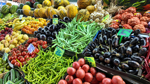 Colorful market display of fresh fruits and vegetables