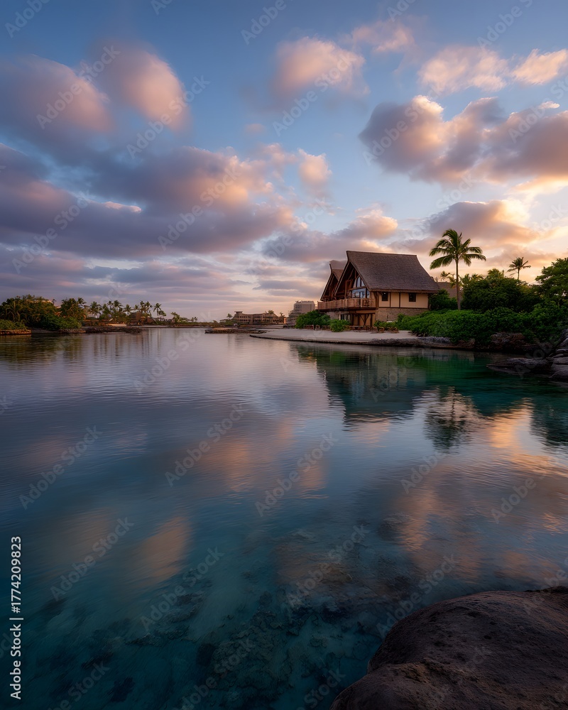 Fototapeta premium Tranquil Waterfront Lodge with Reflection at Sunset in Tropical Paradise