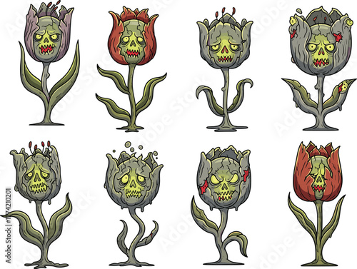 Creepy zombie tulip flower monster collection, decayed undead floral heads with skull faces and rot details, horror botanical Halloween vector art for spooky designs