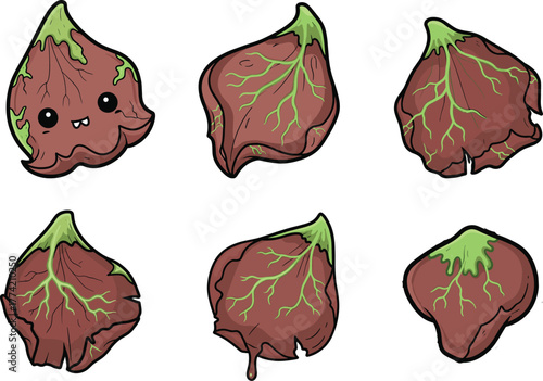 Cute and creepy brown buds with green veins, fantasy toxic plant cartoon vector illustration set for horror, Halloween, and alien monster designs