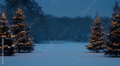 Evergreen trees decorated with glowing Christmas lights stand in a serene, snowy landscape at dusk.