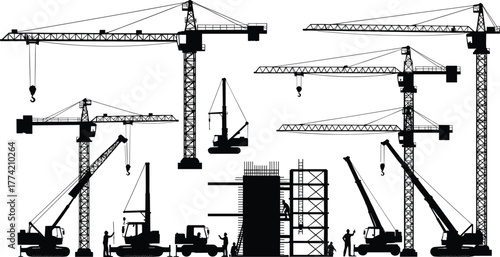 Construction site silhouettes with tower cranes, excavators, scaffolding, and workers operating heavy machinery, black vector illustration for building and engineering content.