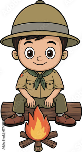Cute boy scout sitting near campfire, cartoon adventure explorer in uniform hat smiling, outdoor camping vector illustration for kids education and nature design