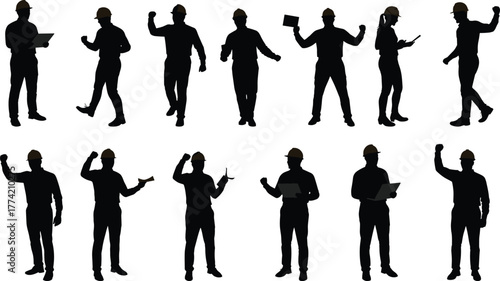 Construction worker silhouette vector set with hard hats, engineers and builders using tools, technology, teamwork, safety, and planning gestures