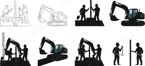 Construction Workers and Excavators Performing Earthmoving, Surveying, and Measurement Tasks with Shovels and Vertical Rods in Silhouette and Line Style