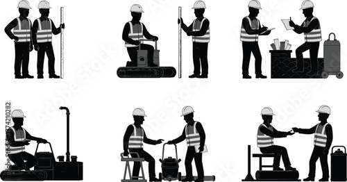 Construction Workers Collaborating with Machinery, Measuring Tools, and Safety Gear for Surveying, Documentation, and On-Site Equipment Operation in Black Silhouettes