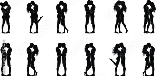 Couple kissing silhouettes in romantic poses with emotional expressions and body language for love, relationship, and affection vector illustration design.