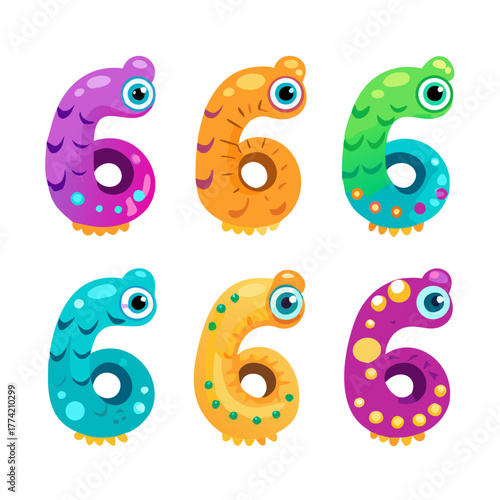 Six happy doodle kids in a row