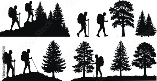 Hiking silhouette vector set with backpackers and forest trees, outdoor adventure illustration for nature, trekking, mountain, and travel themes