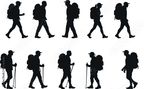 Hiking silhouette vector set with backpack and trekking pole poses, outdoor adventure walking people in motion for nature travel design