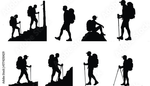 Hiking silhouette vector set with trekking pole and backpack poses featuring hikers on cliffs, walking, and resting for adventure design