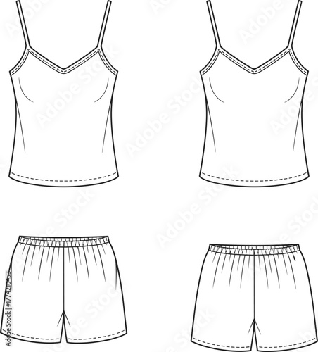Women’s camisole and shorts sleepwear illustration, lace trim loungewear flat sketch, apparel design template, garment construction drawing, clothing pattern outline, vector technical sketch