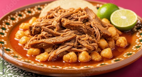 Traditional mexican carnitas dish featuring tender shredded pork with hominy and fresh lime