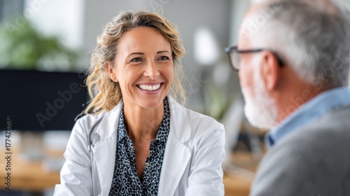A smiling healthcare professional engages in conversation with a senior man, showcasing a warm and supportive atmosphere.
