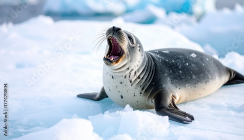 Leopard Seal Displaying Teeth on Ice Floe in Antarctica during daytime