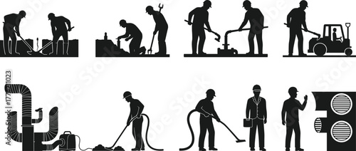 Industrial Workers Performing Maintenance, Cleaning, Pipe Handling, and Equipment Operation with Safety Gear in Silhouette Scenes for Facility Management Tasks
