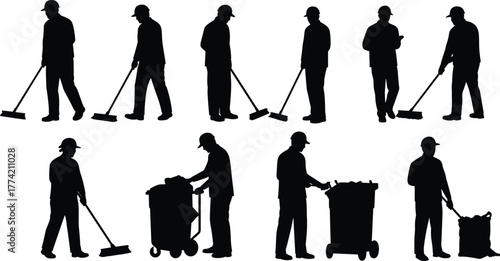 Janitor Silhouette Set Featuring Cleaning Tools, Trash Bin Handling, Sweeping Poses, and Maintenance Tasks for Custodial Vector Illustration Use