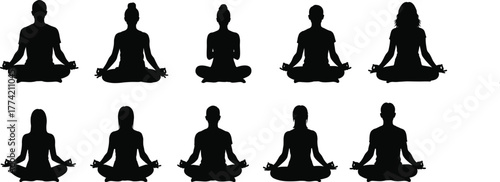 Meditation group silhouette set with cross-legged poses, mudra hand gestures, mindfulness, yoga practice, peaceful sitting figures, wellness vector illustration