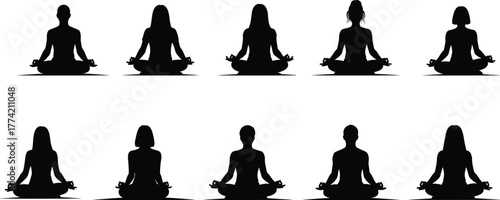 Meditation silhouette set with cross-legged poses, mindfulness, relaxation, yoga practice, peaceful sitting figures, wellness vector illustration collection