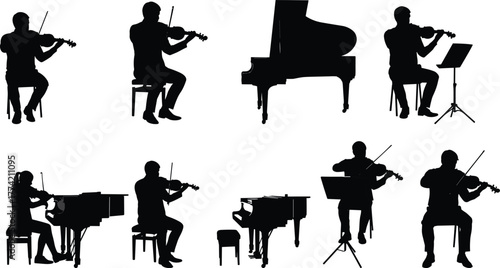 Musician silhouettes playing piano and violin, classical music performance, orchestra ensemble, concert art, perfect for design, education, and music themes.