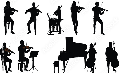 Musician silhouettes playing violin, cello, and piano with music stand, classical performance vector illustration for concert, stock, and education content.