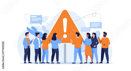 Group of people with speech bubbles surrounding a prominent warning sign, indicating communication about a critical issue.