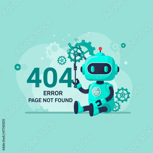 Cute robot sitting with gears and "404 Error Page Not Found" message, representing a technical issue with an AI twist.