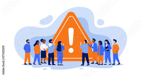 Diverse people standing around and discussing a large orange warning sign, representing a shared concern or problem.