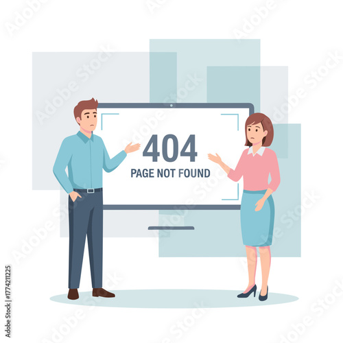 Man and woman explaining or presenting a large computer monitor with a "404 Page Not Found" error.