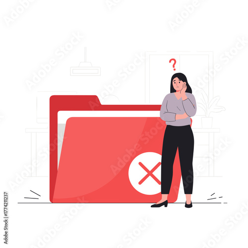 Thoughtful woman looking at a large red folder marked with an "X", indicating a missing or inaccessible file.