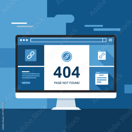 Computer screen displaying a "404 Page Not Found" error with link icons, representing a broken or missing web page.
