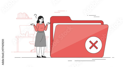 Woman shrugging her shoulders next to a large red folder with an "X" mark, depicting uncertainty about a missing file.