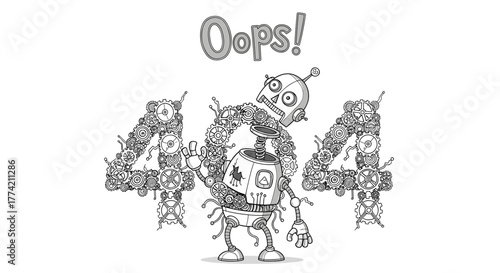 Cute Robot Character with Gear-Themed "Oops! 404" Page Not Found Error Message Line Art